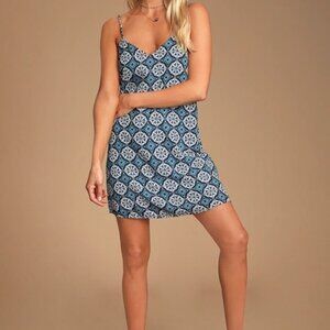 Lulus Blue White Print Tank Y2K Beach Shift Mini Dress sz Large